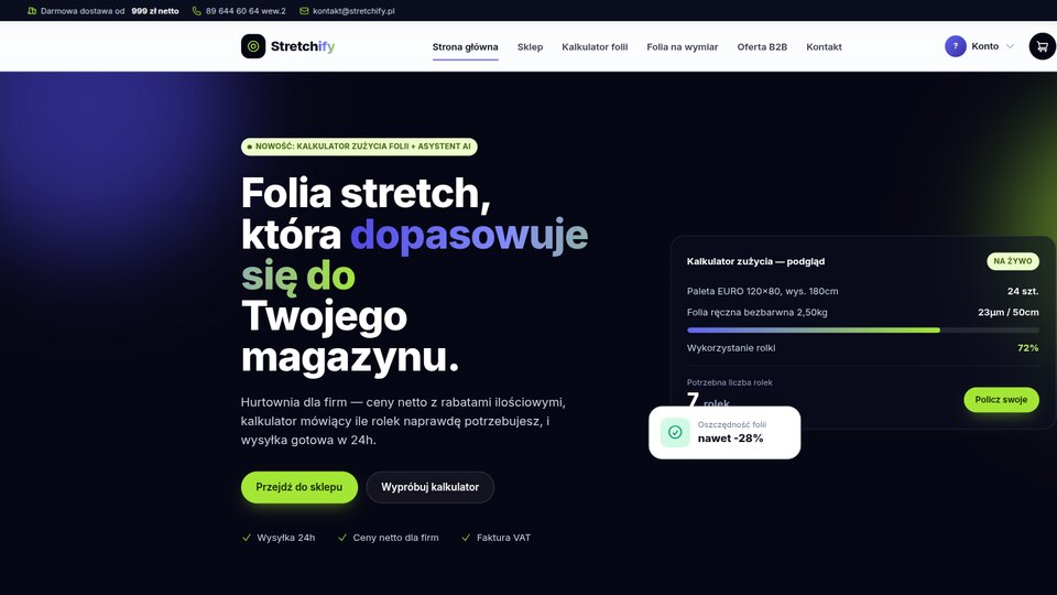 Strona internetowa Stretchify – sklep z folią stretch